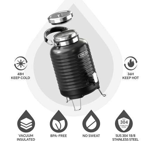 Image of IDEUS Insulated Beverage Dispenser, All-in-one for Camping Vacuum Double-Wall Stainless Steel Water Cooler Coffee Carafe Jug Leakproof Drink Container with Handle, Spigot & Stand (Black, 1,4gal)