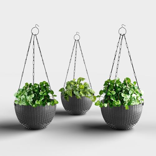 Image of YUCCABE ITALIA SHERA URO-Basket Plastic Flower Pot with Drainage Holes Round Planter Pot Suitable for Inddor Outdoor Kitchen (Grey, 8 INCH - 3 Pcs)