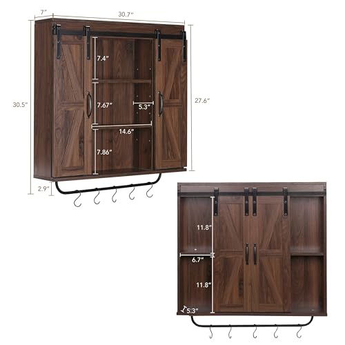 Image of RUSTOWN Farmhouse Bathroom Wall Cabinet with Sliding Barn Door & Towel Rack