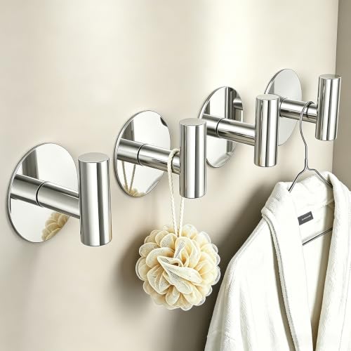 Image of Heavy Duty Adhesive Hooks, Stainless Steel Towel Hooks for Bags, Towels, Robes, Hats, Aprons - No Drill Bathroom, Kitchen, Hotel Wall Hooks (Chrome, 4 Pack)