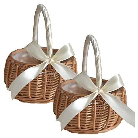 ASSR 2PCS Wedding Flower Girl Basket Set,Wicker Rattan Flower Basket with Handle,Petal Basket Candy Storage Basket ,Rattan Box Home Decoration,White,5.9x7.5 in(210209HT07-12#WSW98) Cover