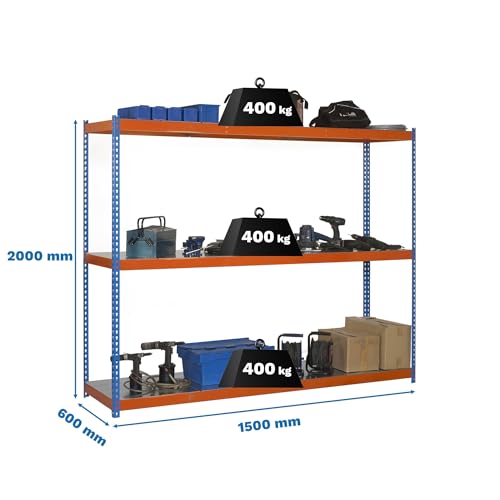 SimonRack Estantería Metálica Almacenaje, Sin Tornillos, 3 Baldas, Alta Capacidad Carga 400 kg, 2000x1500x750 mm, Estantería Taller Garaje Trastero, Azul/Naranja/Galva - imagen 3