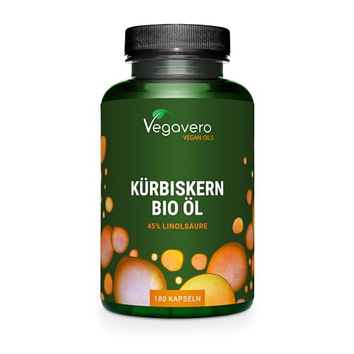 Vegavero Bio Kürbiskernöl Kapseln 180 Stück - 1000 mg kaltgepresstes Kürbiskernöl pro Tag mit 45% Linolsäure (Omega 6) vegane Kürbiskern Kapseln - ohne Zusatzstoffe