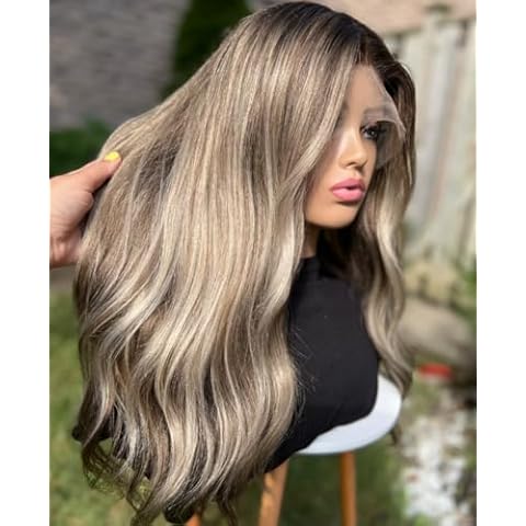 FENJUN HAIR Glueless Wigs Human Hair 18'' Balayage Highlight Ash Blonde Lace Front Wigs Human Hair Dark Roots 13x4 HD Transparent Lace Long Wavy Body Wave Wigs for Women Pre plucked Bleached Knots Cover