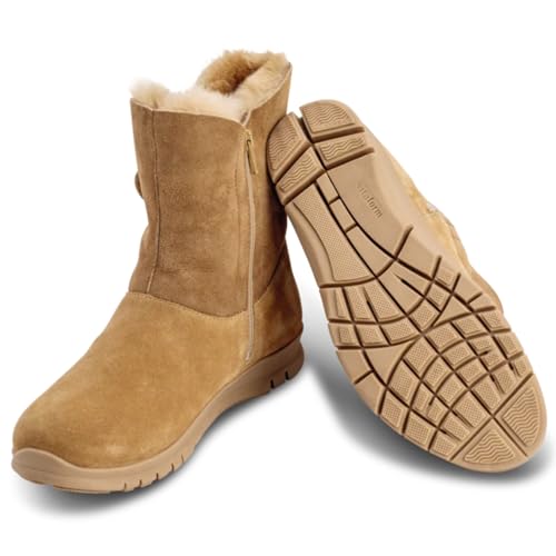 VITAFORM Lammfellstiefel Veloursleder | Flauschige und wärmende Boots für Damen I Bequem auch für breite Füße I Winterboots in tollen Farben Camel, 38