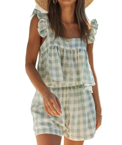 Image of ROAONOCOMO Women Summer Floral Pajama Set Ruffle Trim Cami Top Coquette Pj Set Gingham Babydoll 2 Piece Shorts Outfit