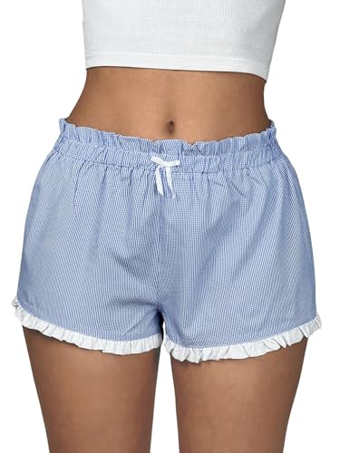 Verdusa Bermuda feminina de pijama Gingham com babados e cintura alta e laço, Azul, P