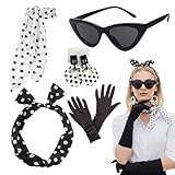 AevYxq Rockabilly Accessoires Damen, 60er Jahre Outfit Damen, 5-teiliges Vintage-Set Mit Schal, Handschuhen, Brille, Stirnband Und Ohrringen, Ideal Für 50er 60er Jahre Mottoparty Und Retro-Styling
