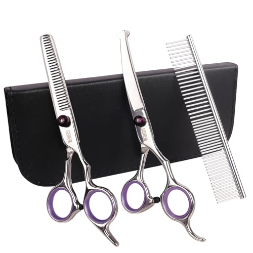 Professional Dog Grooming Scissors with Safety Round Tips, 3 in 1 Dog Grooming Scissors Kit, 4CR Stainless Steel Professional Pet Grooming Shears for Dog, Sharp and Durable, Purple Professional Dog Grooming Scissors with Safety Round Tips, 3 in 1 Dog Grooming Scissors Kit, 4CR Stainless Steel Professional Pet Grooming Shears for Dog, Sharp and Durable, Purple