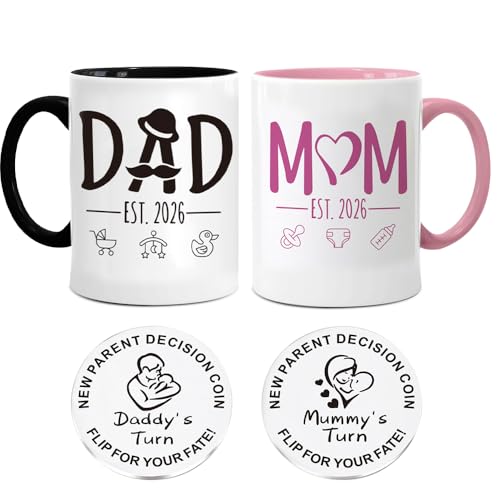 Rppiup 2026 Mum and Dad Mugs Set with Decision Coin, Mummy and Daddy Mugs Pregnancy Gifts for Dad and Mum to Be, Pregnancy Gift for Mom Expecting, New Baby GIF t for Parents Frist Time Mom Daddy
