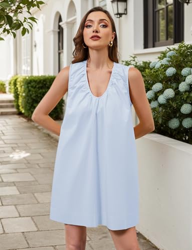 Image of OLAPTA Women Summer Sleeveless Babydoll Scoop Neck Ruched Mini Tank Dress with Pockets