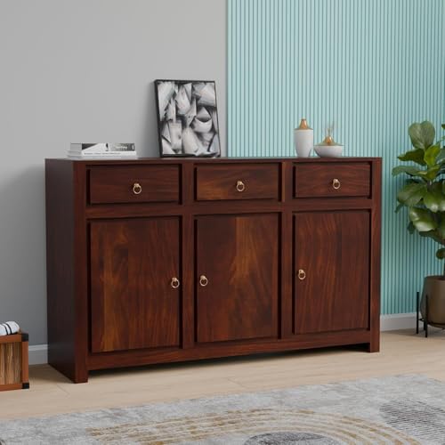 Image of Solid Sheesham Wood Sideboard Cabinet Storage with 3 Door & 3 Drawer Wooden Storage Organizer Cabinet for Home Kitchen Living Room Bedroom Hallway Dinning | Walnut Finish | Pre-Assembled