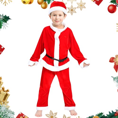 Auirshiky Costume Ragazzo da Babbo Natale,Costume da Babbo Natale per bambini,giacca,pantaloni,cappello e cintura,Rosso,per Natale o Cosplay di 4 pezzi (Rosso, Boys Costume 90)