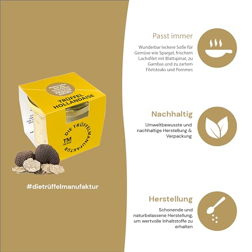 Die Trüffelmanufaktur - Trüffel Hollandaise Soße, Feinkost Trüffelcreme mit 10% echtem schwarzem Trüffel, Trüffelhollandaise Sauce für Spargel, Gemüse, Fisch & Fleisch, weiße Trüffelsoße im 90 g Glas