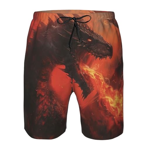 Black Dragon Breathing Fire Fantasy Dark Red Men's Quick Dry Swim Shorts, Mesh Lined Beach Trunks with Pockets