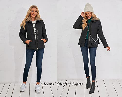 Luvamia Women Casual Warm Winter Faux Fur Quilted Parka Lapel Zip Pockets Jacket Puffer Coat Faux Fur Coat Black Size Medium #TOP1