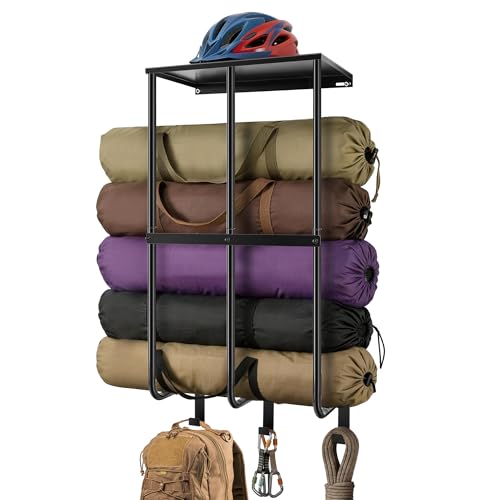 WAUTENANTY Camping Chair Storage for Garage, Metal Camping Chair Rack for Garage Storage, Beach Chair Rack, Umbrella Storage Holder, Wall Holder Rack with Floating Shelf & 3 Hooks for Garage Organizer