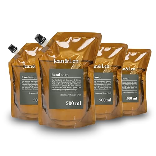 Jean & Len Handseife Nachfüllpack Rosemary & Ginger Set reinigt beanspruchte Hände für die tägliche Anwendung Flüssigseife im Nachfüllpack ohne Parabene & Silikone 4 x 500 ml