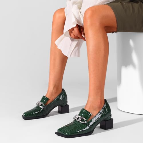 Image of Loafers for Women Patent Leather Buckle Square Toe Chunky Block Dress Slip On Wide Casual Comfortable Dressy High Heels Ladies Comfort Moccasins Elegantes 2 Inch Shoes