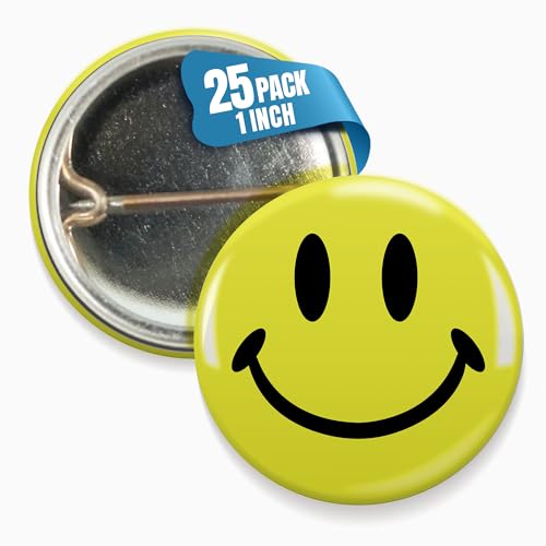 Smiley Face Pinback Buttons â€“ Classic Round Badge, Durable Metal with Secure Pinback, Ideal for Backpacks and Clothing â€“ Emoji Novelty Pins for Parties, Giveaways and Everyday Wear, 1 Inch (25 Pack)