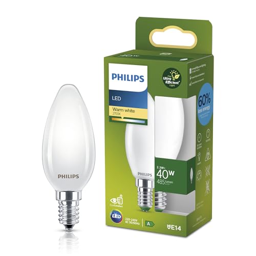 Philips Classic Ultra-efficient LED Bulb with Energy Efficiency Class A, E14 Base, Replaces 40W, Frosted, Warm White Light, Candle Shape, Pack of 1