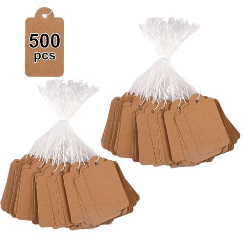 500 Piezas Etiquetas de Papel Kraft,4.5×2.8cm Etiquetas de Precio con Cordel,Mini Etiquetas Precio de Joyeria,Etiquetas Pequeñas Precios Marrón con Hilo,para Ropa,Joyería,Exhibición,Artesanía