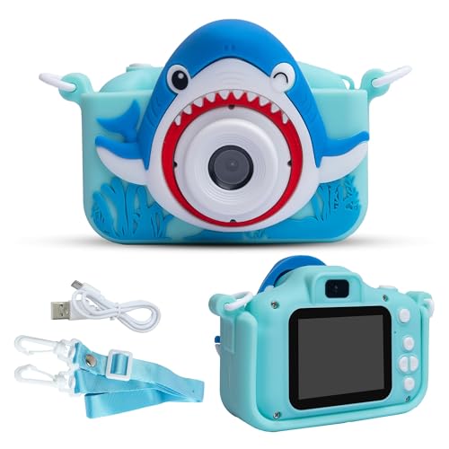 ESSENTIALEASE Kids Shark Themed Digital Camera - 1080P HD Mini Camcorder with 2" Screen, Selfie Mode & Fun Filters | Safe Design for Boys & Girls Age 4-10 | Expandable Memory Up to 32GB (Blue)