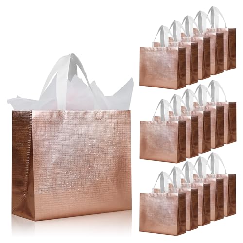 cabzymx 16 Pcs Rose Gold Reusable Gift Bags with Bases, 12.6x4.7x11 In Wedding Welcome Bags Bulk, Non-woven Holiday Party Bag for Birthday, Wedding, Parties, Halloween, Christmas