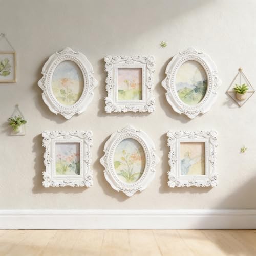 Image of 6 Pcs Mini Frames, White Small Vintage Picture Frames Antique Resin Photo Frame for DIY Craft Galley Wall Hanging Jewelry Display Shooting Photo Props Christmas Decor (Without Backings)