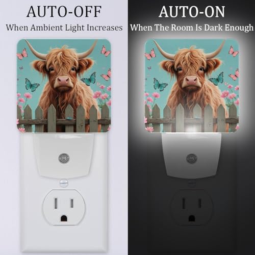 Image of NEWzone Highland Cow Floral Night Light [2 Pack], Plug in Wall Led Night Lights Decor for Boys Girls Room, Dusk to Dawn Sensor Wall Lamp for Stairway /Bedroom /Kitchen /Nursery Room