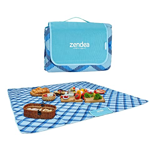 Zendea Coperta da Picnic Impermeabile 200x200 cm - Resistente alla Sabbia, Design Elegante a Quadretti Blu e Bianco, Ideale per Matrimonio, Spiaggia, Parco, Campeggio