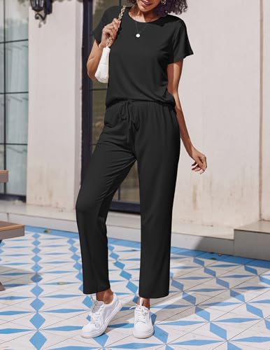 Image of Ekouaer 2 Pack Pajamas for Women Set Short Sleeve Pj Top and Printed Pants | Soft PJs Cozy Printed Lounge Sets Comfy Sleepwear with Pockets