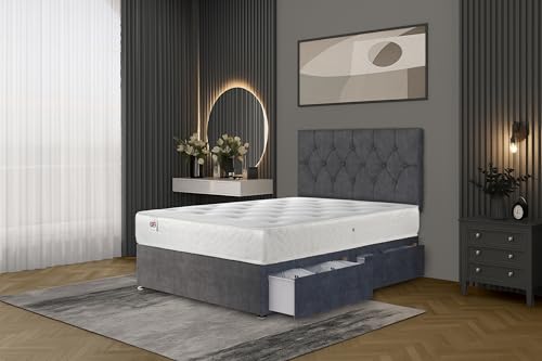 Bed Centre Ziggy Grey Plush Divan Bed Set – Double (135×190 cm) with 24cm Sprung Memory Foam Mattress, 2 Same‑Side Drawers & Headboard | Modern Design | UK Made