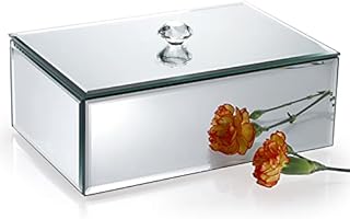 IGNPION Glass Mirrored Jewelry Box with Handle Knob Modern Silver Vanity Decorative Storage Box Trinket Storage Box Earrings Rings Jewelry Keepsake Display Case for Wedding Mother's Days Gifts