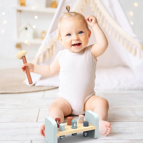 Image of Speedy Monkey Tap Tap Hammer Bench - Colorful Wooden Toy for Kids 1-3 Year Up, Develops Hand-Eye Coordination, Hammer Pegs Through Holes, Reversible Fun, Non-Toxic Paint , Engaging Educational Toy | colorful reversible pegs, hammering & pounding toys, montessori toys, toddler boy toys, hand-eye coordination, fine motor