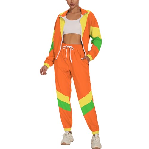UOUA Women's Color Block 2 Piece 80s 90s Outfits Long Sleeve Windbreaker Jacket Tracksuit Set Orange XX-Large