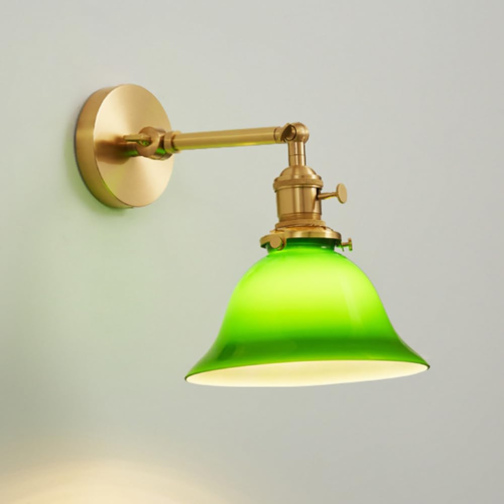 HPTHLY Vintage Wall Sconce Green Glass Lampshade Brass Wall Lamp, Bedside Angle Adjustable Wall Light, Indoor Decor Wall Lighting Fixtures For Bedroom Living(A)