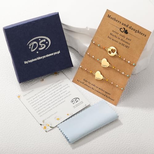 Image of DS Mother Daughter Bracelets Set,18K Gold Plated Stainless Steel Heart Jewelry for Women Girls,Mothers Day Gifts for Mom /Daughter,Adjustable Matching Bracelets for Mommy and Me gift box packaging