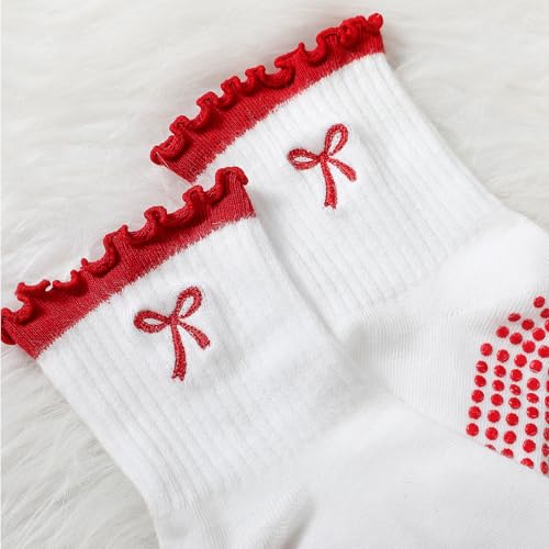Image of Jeyiour Summer Cute Pilates Socks Women Bow Nonslip Ruffle Yoga Socks with Grip Barre Pilates Gift for Work Dance Fitness