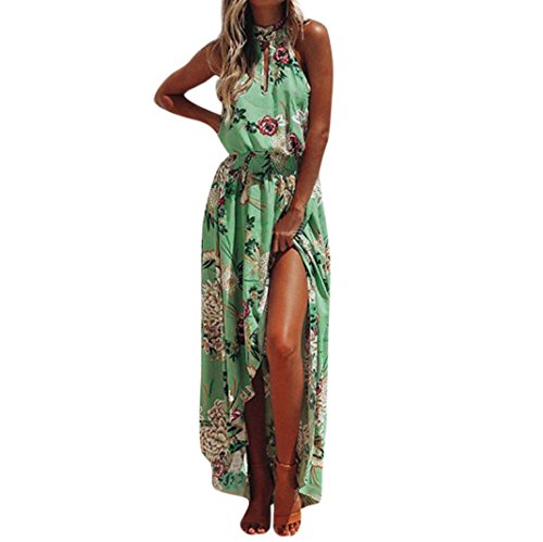 OverDose mujer Boho Floral Largo Maxi Gasa Vestido Sin Mangas Fiesta De Noche AsiméTrica Verano Playa Natural Sundress (XL, Verde-A)