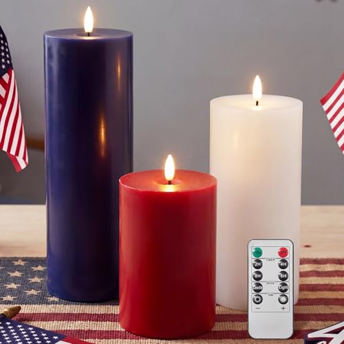 Image of Retisee 3 Pcs 4th of July 6 /8 /12 Inches Flameless LED Candles with Remote and 2 /4 /8h Timer Red White Blue Battery Operated Wax Flickering Candles for USA American Party Memorial Day Decorations