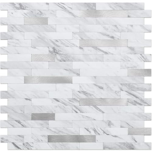 DICOFUN Peel and Stick Backsplash Tile, PVC Mixed Metal Stick on Backsplash Tiles for Kitchen and Bathroom (10, White Marble & Grey Texture)