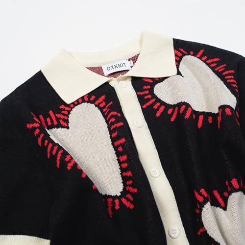 Men's Knitted Polo Shirt, Retro Heart Pattern Casual Poloshirt Summer Short Sleeve with Button, White and Black3