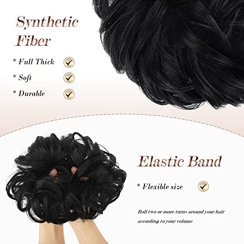 FESHFEN Messy Bun Hair Piece - Elastic Wavy Curly Hair Bun Scrunchies Extensions Synthetic Chignon Hairpieces for Women Girls, Black 1.5 oz