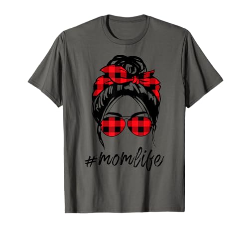 Mom Life Messy Bun Hair Leopard Plaid Momlife Mother's Day T-Shirt