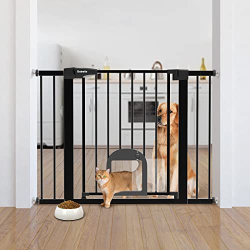 Image of Babelio Upgraded Baby Gate with Cat Door, 29-43" Auto Close Durable Dog Gate for Stairs, Doorways and House, Easy Walk Thru Safety Gate with Pet Door Includes 4 Wall Cups, Black