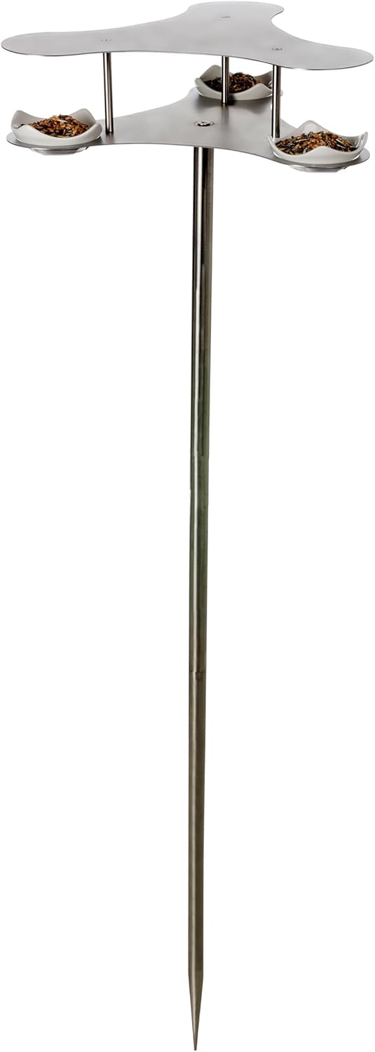 matrasa Design Vogel Futterstation Penthouse - Vogeltränke aus gebürstetem Edelstahl mit Keramikschalen - Vogelfutterstation Vogel Futterstelle 42x33x145 cm