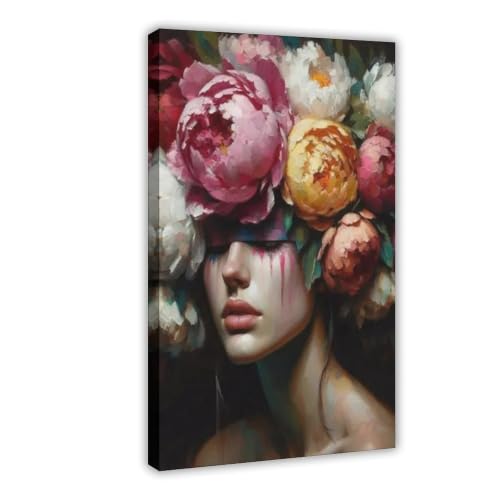 Toile portrait floral abstrait femme pivoines deco salon 40x60