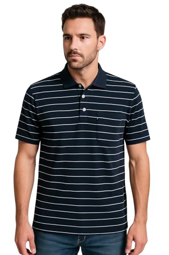 Image of WILD ELEPHANT Men Striped Polo T-Shirt | Cotton Short Sleeve Polo Neck with Button | Chest Pocket Casual Wear