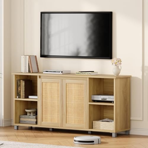 IDEALHOUSE Rattan TV Stand for 65 Inch TV, 62.6" Entertainment Center with Storage Cabinet & Shelves, Modern Media Console with Natural Rattan Doors, Wooden TV Console Table for Living Room Bedroom
